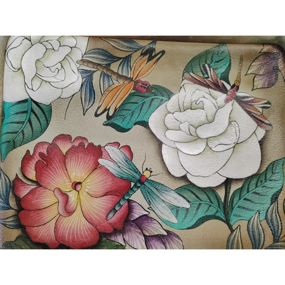 ANUSCHKA Leather Shoulder Bag Hand Painted Colorful Dragonfly & Floral Design‎